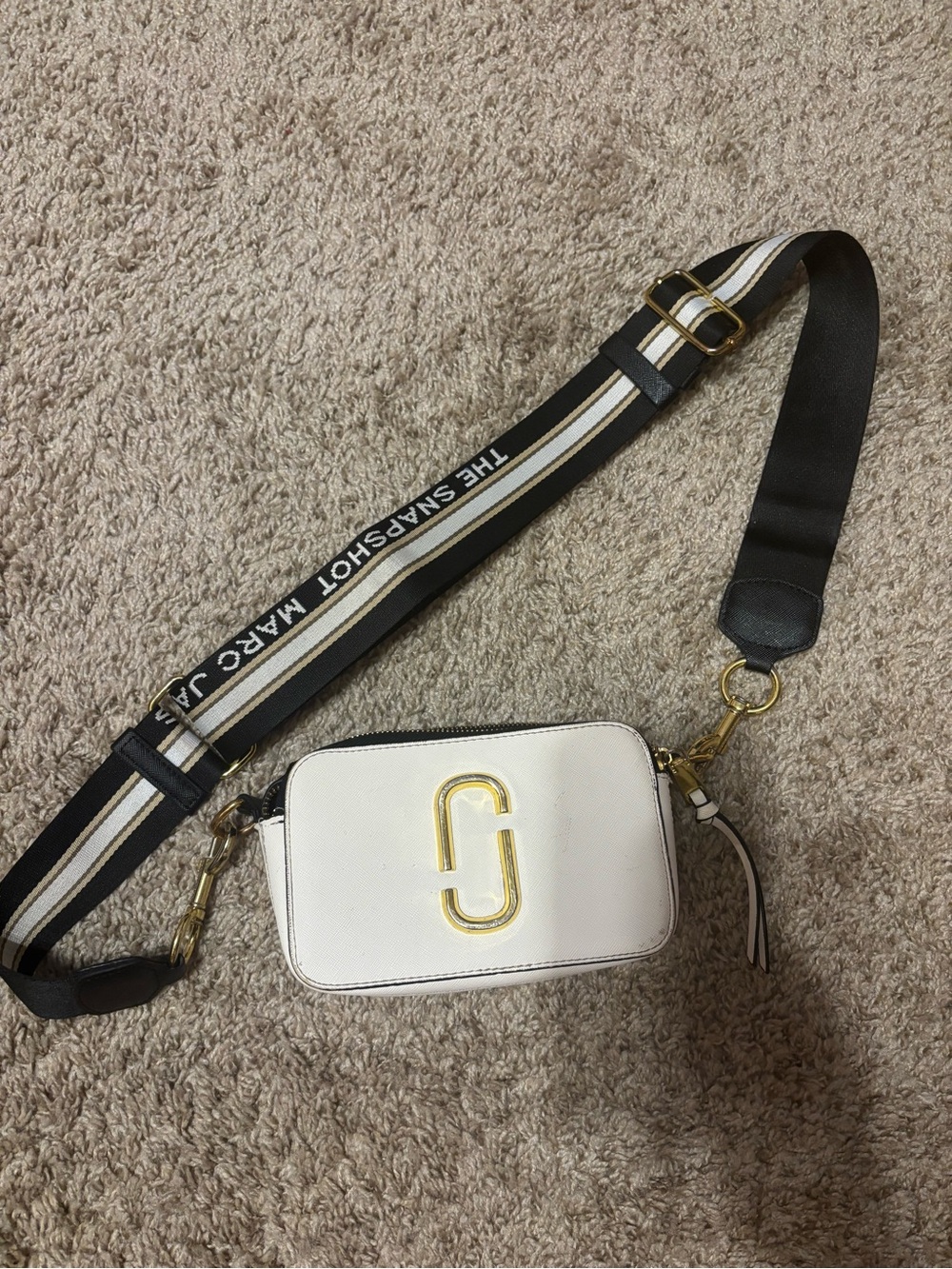 Marc Jacobs White Snapshot Camera Crossbody with Striped Logo Strap